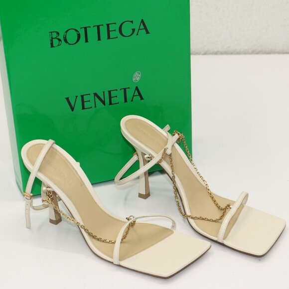 Bottega Veneta Stretch Chain Square Toe Beige Gold Sandal Heel Pump 39 - Picture 1 of 14